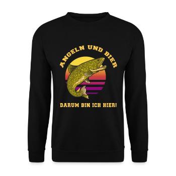 Angeln und Bier darum bin ich hier Angler Sprüche - Unisex Pullover - Schwarz - Vorne - Alina (178cm) & Michal (187cm)