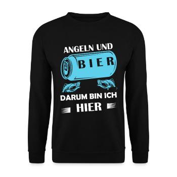 Angeln und Bier darum bin ich hier Angler Sprüche - Unisex Pullover - Schwarz - Vorne - Alina (178cm) & Michal (187cm)