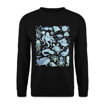 Tiefsee Fische Oktopus Anglerfisch Laternenfisch - Unisex Pullover - Schwarz - Vorne - Alina (178cm) & Michal (187cm)