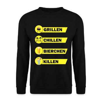 Grillen Chillen Bierchen Killen Grill Bier Spruch - Unisex Pullover - Schwarz - Vorne - Alina (178cm) & Michal (187cm)