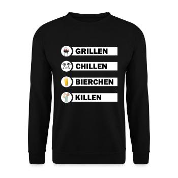 Grillen Chillen Bierchen Killen Grill Bier Spruch - Unisex Pullover - Schwarz - Vorne - Alina (178cm) & Michal (187cm)