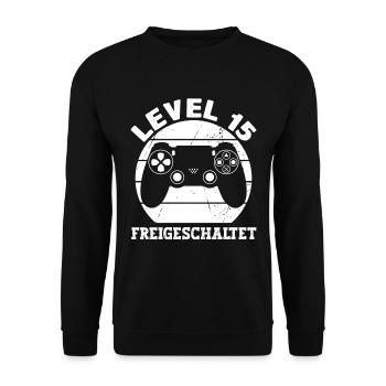 Level 15 Freigeschaltet Gamer Sprüche Geburtstag - Unisex Pullover - Schwarz - Vorne - Alina (178cm) & Michal (187cm)