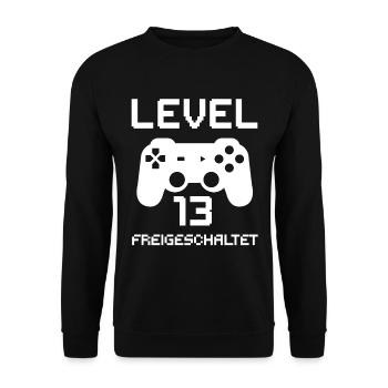 Level 13 Freigeschaltet Gamer Sprüche Geburtstag - Unisex Pullover - Schwarz - Vorne - Alina (178cm) & Michal (187cm)