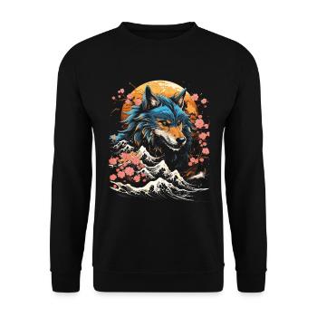 Wolf Japanisch Japanische Kunst Anime Traditionell - Unisex Pullover - Schwarz - Vorne - Alina (178cm) & Michal (187cm)