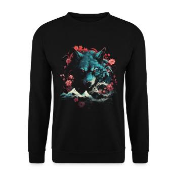 Wolf Japanisch Japanische Kunst Anime Traditionell - Unisex Pullover - Schwarz - Vorne - Alina (178cm) & Michal (187cm)