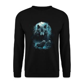 Fantasy Wölfe Wolf Mondlicht Illustration - Unisex Pullover - Schwarz - Vorne - Alina (178cm) & Michal (187cm)