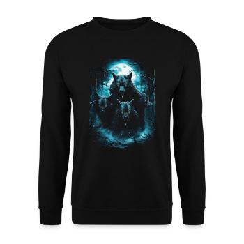 Fantasy Wölfe Wolf Mondlicht Illustration - Unisex Pullover - Schwarz - Vorne - Alina (178cm) & Michal (187cm)