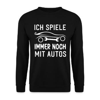 Ich spiele immer noch mit Autos KFZ Auto Sprüche - Unisex Pullover - Schwarz - Vorne - Alina (178cm) & Michal (187cm)