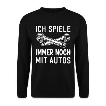 Ich spiele immer noch mit Autos KFZ Auto Sprüche - Unisex Pullover - Schwarz - Vorne - Alina (178cm) & Michal (187cm)