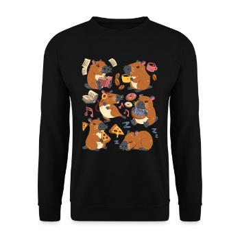 Capybara: Pizza, Kaffee, Donut, Musik, Buch lesen - Unisex Pullover - Schwarz - Vorne - Alina (178cm) & Michal (187cm)