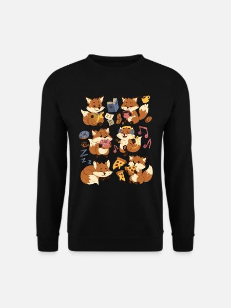 Fuchs: Pizza, Donut, Kaffe, Musik, Buch lesen - Unisex Pullover - Schwarz