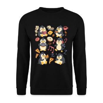 Pinguin: Kaffee, Pizza, Donut, Musik, Buch lesen - Unisex Pullover - Schwarz - Vorne - Alina (178cm) & Michal (187cm)