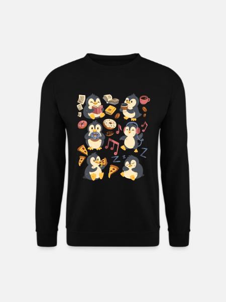 Pinguin: Kaffee, Pizza, Donut, Musik, Buch lesen - Unisex Pullover - Schwarz