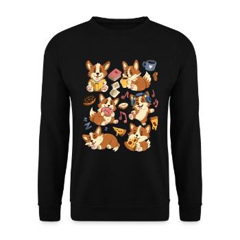 Corgi: Kaffee, Pizza, Donut, Musik, Buch lesen - Unisex Pullover - Schwarz - Vorne - Alina (178cm) & Michal (187cm)