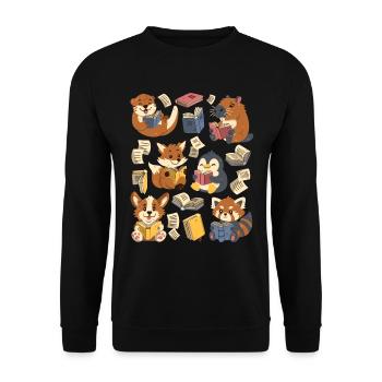 Bücher lesen: Capybara, Fuchs, Corgi, Otter - Unisex Pullover - Schwarz - Vorne - Alina (178cm) & Michal (187cm)