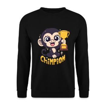 Schimpansen-Champion mit Pokal (Wortwitz) - Unisex Pullover - Schwarz - Vorne - Alina (178cm) & Michal (187cm)