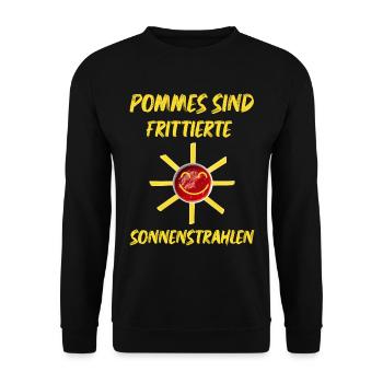 Pommes sind frittierte Sonnenstrahlen die Sonne - Unisex Pullover - Schwarz - Vorne - Alina (178cm) & Michal (187cm)