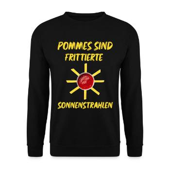 Pommes sind frittierte Sonnenstrahlen die Sonne - Unisex Pullover - Schwarz - Vorne - Alina (178cm) & Michal (187cm)