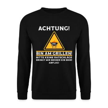 Achtung bin am Grillen lustige Grill Sprüche - Unisex Pullover - Schwarz - Vorne - Alina (178cm) & Michal (187cm)