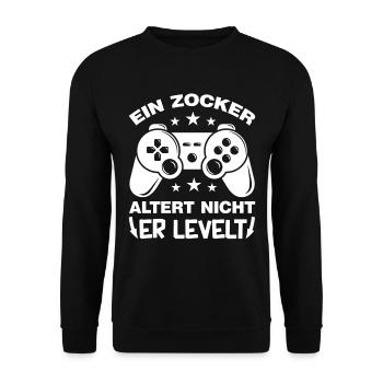 Ein Zocker altert nicht er levelt up Gamer Sprüche - Unisex Pullover - Schwarz - Vorne - Alina (178cm) & Michal (187cm)