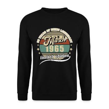 60. Geburtstag März 1965 Jahrgang 60 Jahre Legenda - Unisex Pullover - Schwarz - Vorne - Alina (178cm) & Michal (187cm)