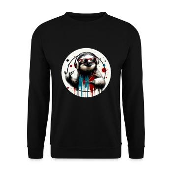 Lustiges Faultier mit Kopfhörer und Sonnenbrille - Unisex Pullover - Schwarz - Vorne - Alina (178cm) & Michal (187cm)