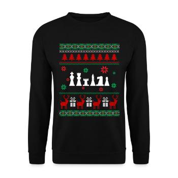 Ugly Christmas Sweater Schach Geschenk Weihnachten - Unisex Pullover - Schwarz - Vorne - Alina (178cm) & Michal (187cm)