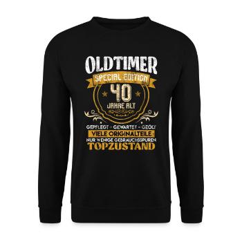Oldtimer 40 Jahre gelaufen 40. Geburtstag Männer - Unisex Pullover - Schwarz - Vorne - Alina (178cm) & Michal (187cm)