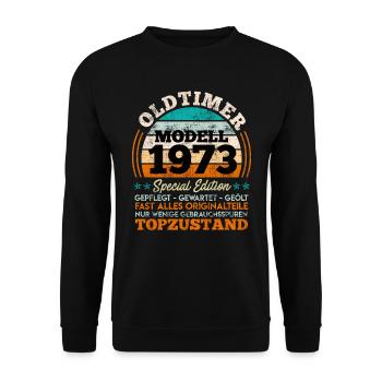 50. Geburtstag Oldtimer Modell 1973 50 Jahre - Unisex Pullover - Schwarz - Vorne - Alina (178cm) & Michal (187cm)