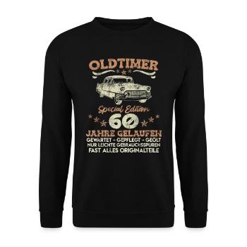 Oldtimer 60 Jahre gelaufen 60. Geburtstag - Unisex Pullover - Schwarz - Vorne - Alina (178cm) & Michal (187cm)
