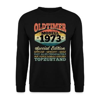 50. Geburtstag Oldtimer Modell 1973 50 Jahre - Unisex Pullover - Schwarz - Vorne - Alina (178cm) & Michal (187cm)
