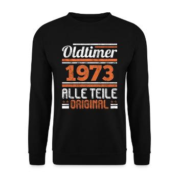 50. Geburtstag Oldtimer Modell 1973 50 Jahre - Unisex Pullover - Schwarz - Vorne - Alina (178cm) & Michal (187cm)