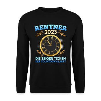 Rentner 2023 die Zeiger ticken Renteneintritt - Unisex Pullover - Schwarz - Vorne - Alina (178cm) & Michal (187cm)