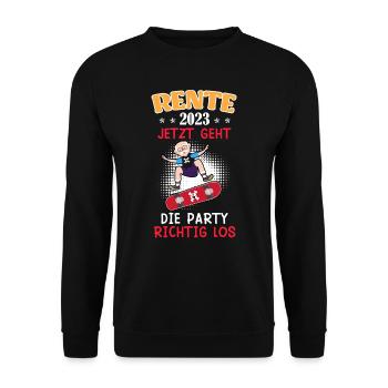 Rente 2023 jetzt geht die Party los - Unisex Pullover - Schwarz - Vorne - Alina (178cm) & Michal (187cm)