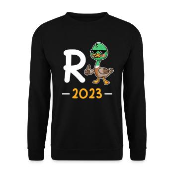 Rente 2023 R Ente Pensionierung - Unisex Pullover - Schwarz - Vorne - Alina (178cm) & Michal (187cm)