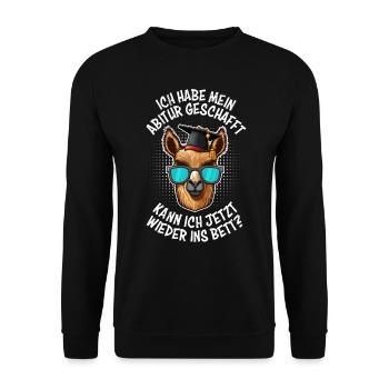 Abi geschafft kann ich jetzt wieder ins Bett? - Unisex Pullover - Schwarz - Vorne - Alina (178cm) & Michal (187cm)