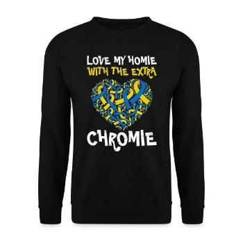 Love my with extra Chromie Awareness Down - Unisex Pullover - Schwarz - Vorne - Alina (178cm) & Michal (187cm)