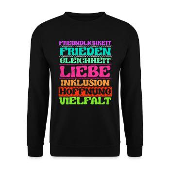 Inklusion Freundlichkeit Frieden Liebe Vielfalt - Unisex Pullover - Schwarz - Vorne - Alina (178cm) & Michal (187cm)