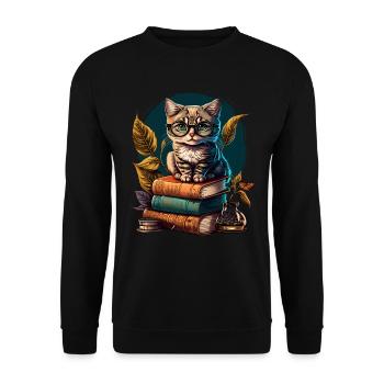 Buchliebhaber Katzenfan Bücherwurm Katzen und - Unisex Pullover - Schwarz - Vorne - Alina (178cm) & Michal (187cm)