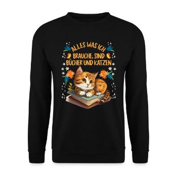 Books and Cats Katzenliebhaber und Leseratte - Unisex Pullover - Schwarz - Vorne - Alina (178cm) & Michal (187cm)