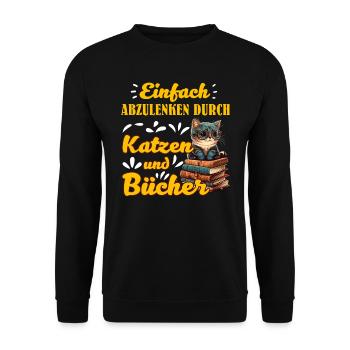 Katzen und Bücher Bücherwurm Katzenfans Lesefans - Unisex Pullover - Schwarz - Vorne - Alina (178cm) & Michal (187cm)