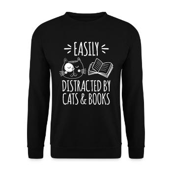Buchliebhaber Katzenfan Leseratte Bücherleser - Unisex Pullover - Schwarz - Vorne - Alina (178cm) & Michal (187cm)