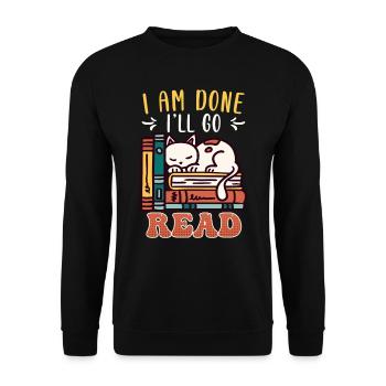 Buchliebhaber Katzenfan Leseratte Bücherleser - Unisex Pullover - Schwarz - Vorne - Alina (178cm) & Michal (187cm)
