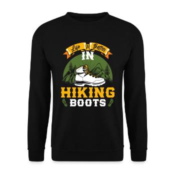Life is better in Boots Hiking Bergfan Wandern - Unisex Pullover - Schwarz - Vorne - Alina (178cm) & Michal (187cm)