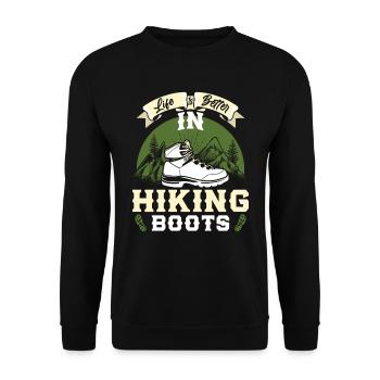 Life is better in Boots Hiking Bergfan Wandern - Unisex Pullover - Schwarz - Vorne - Alina (178cm) & Michal (187cm)