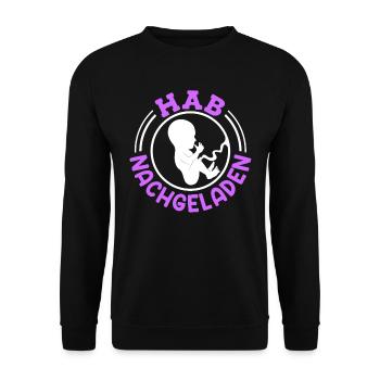 Werdende Mütter 2024 Hab nachgeladen Baby kommt - Unisex Pullover - Schwarz - Vorne - Alina (178cm) & Michal (187cm)