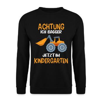 Kindergartenkind Achtung ich bagger jetzt im Kiga - Unisex Pullover - Schwarz - Vorne - Alina (178cm) & Michal (187cm)