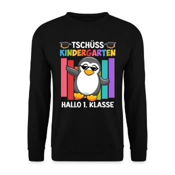 Tschüss Kindergarten Hallo 1. Klasse Schulkind - Unisex Pullover - Schwarz - Vorne - Alina (178cm) & Michal (187cm)