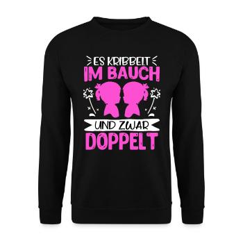 Werdende Mama 2024 Es krabbelt im Bauch doppelt - Unisex Pullover - Schwarz - Vorne - Alina (178cm) & Michal (187cm)