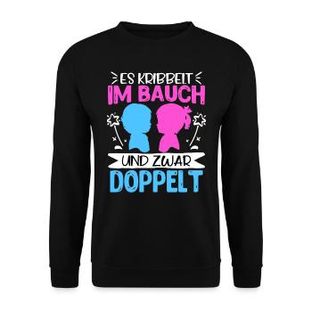 Werdende Mama 2024 Es krabbelt im Bauch doppelt - Unisex Pullover - Schwarz - Vorne - Alina (178cm) & Michal (187cm)